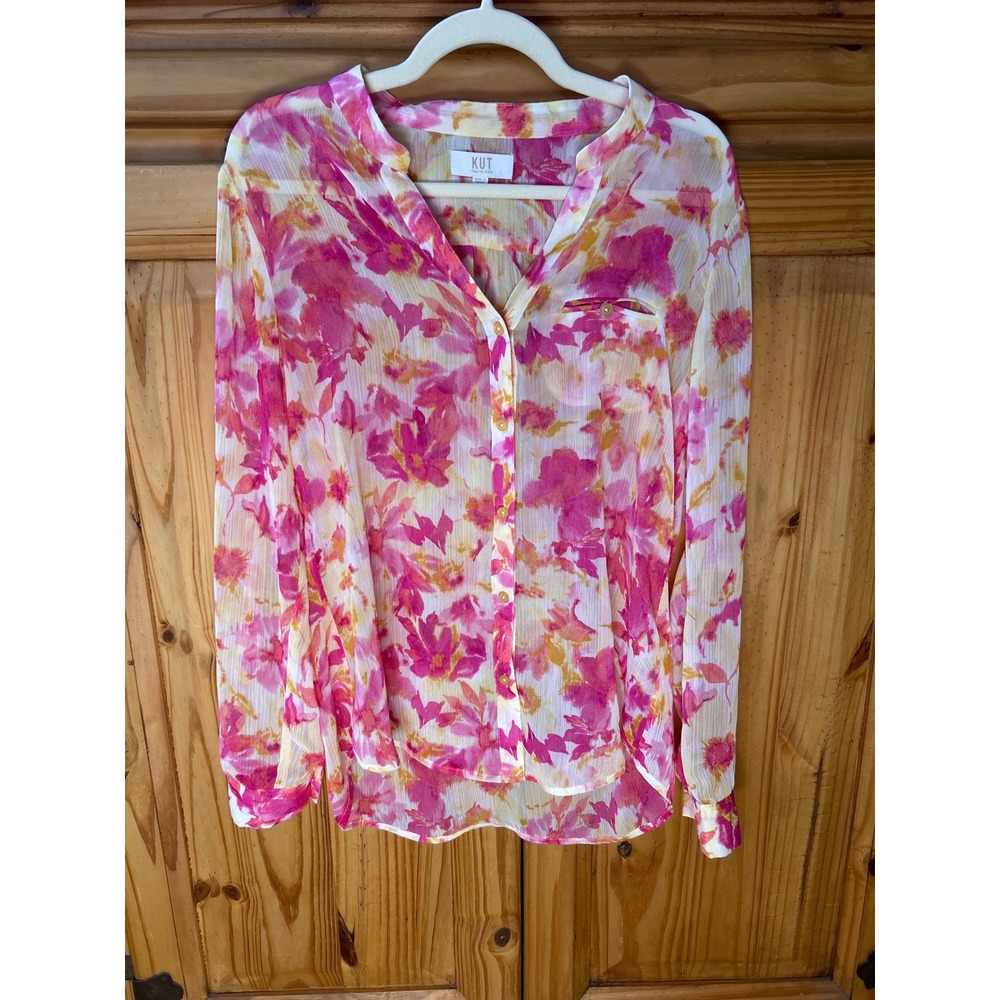 KUT from the Kloth Pink Floral Chiffon Roll Tab Blouse Medium
